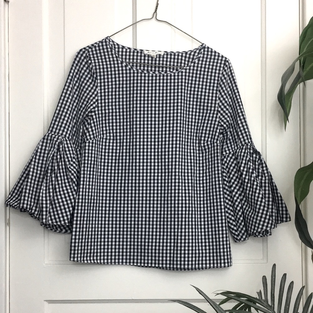 Anthropologie Gingham Bell Sleeve Blouse XS